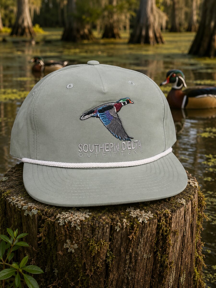 Dusty blue and white rope wood duck hat